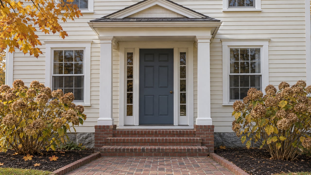 Cream clapboard home entrance with a slate-blue door, white portico, brick steps and tan hydrangea flower heads in autumn light.