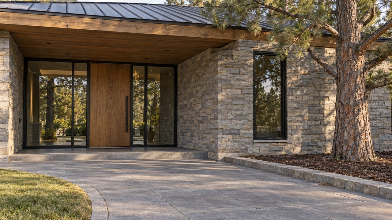Timber-roofed stone home entry with oak door, black-framed glazing, broad pavers and a mature pine beside a clipped lawn.