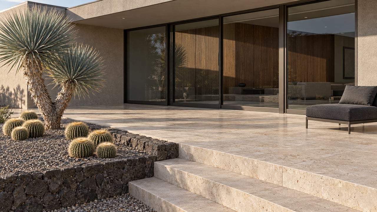 A limestone terrace beside a contemporary desert home, with bronze-framed glass doors, a charcoal lounge chair and sculptural desert planting.