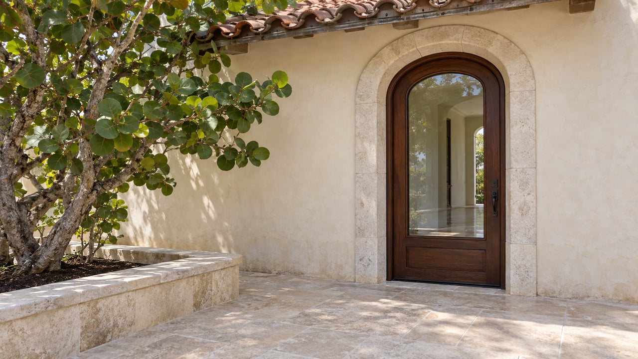 Arched mahogany-glazed entrance in ivory stucco above a limestone terrace, beside a raised sea-grape planting bed.