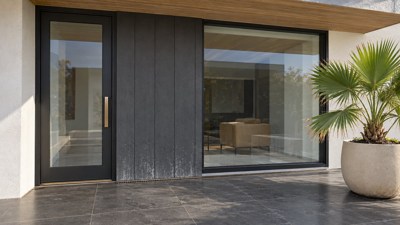 Contemporary sheltered entry terrace with charcoal cladding, black-framed glazing, dark tile and one fan palm in a concrete planter.
