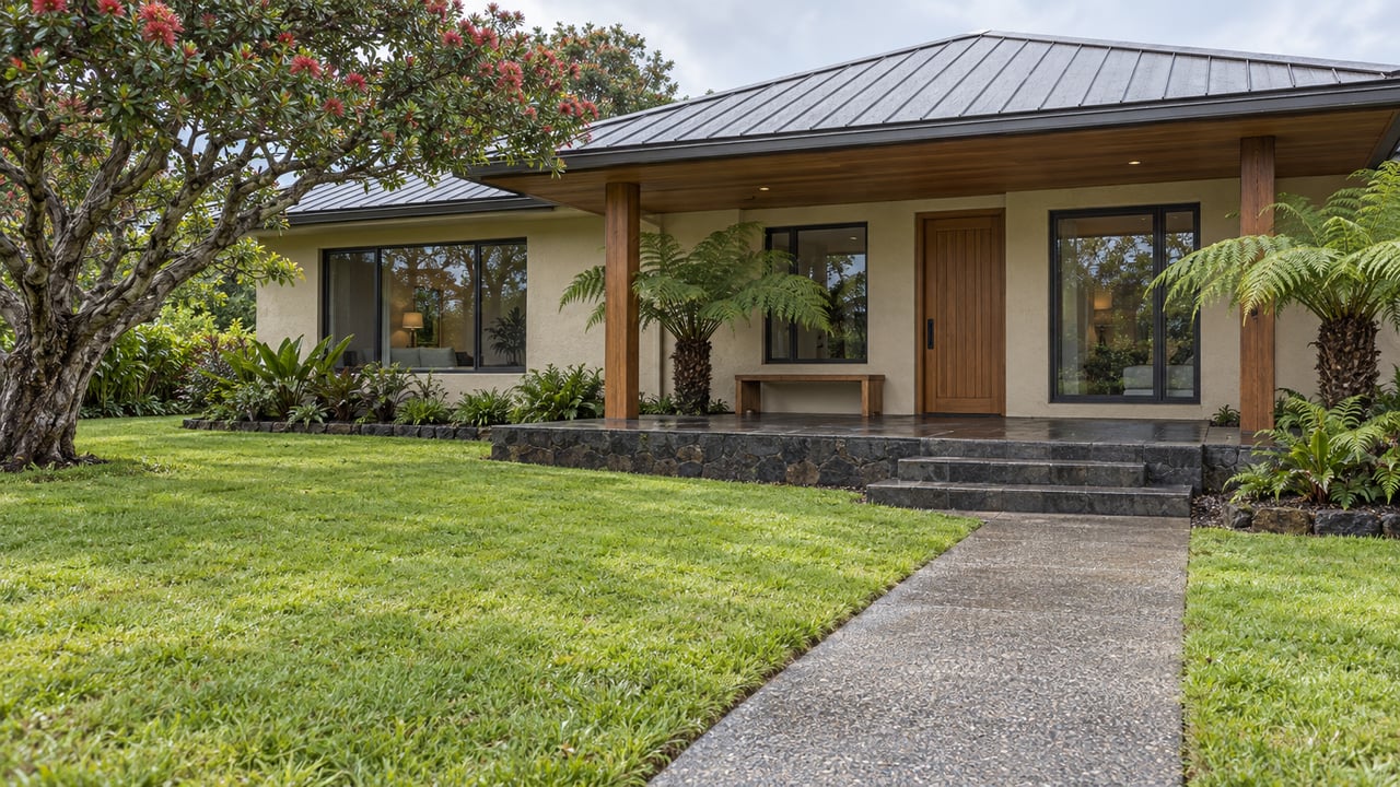 Rain-softened home exterior with a broad green lawn, timber veranda, basalt steps, and sculptural tree planting.