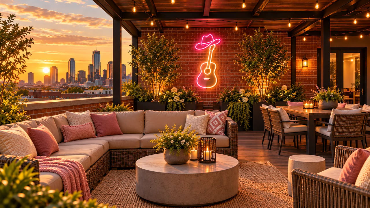Illustrated Nashville-style rental rooftop with lounge seating, cafe lights and cowboy-hat and guitar neon.