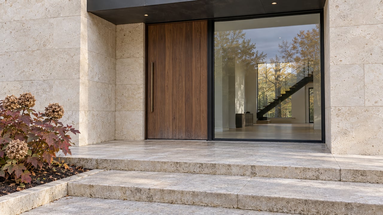 Sheltered walnut entrance and black-framed glass beside pale limestone walls, with broad stone steps and autumn oakleaf hydrangea.