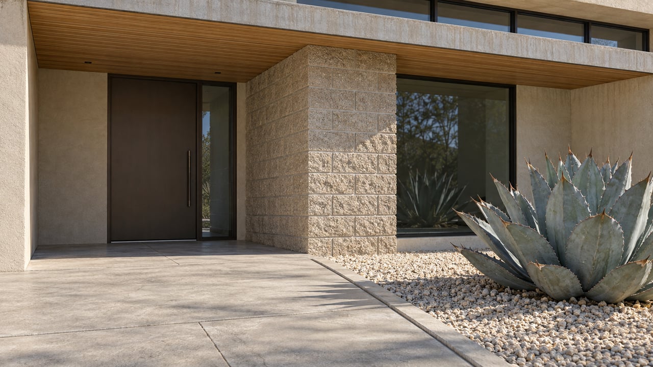 Desert-modern entry with warm wood soffit, textured concrete block, dark framed glazing and a blue-grey agave beside a concrete approach.