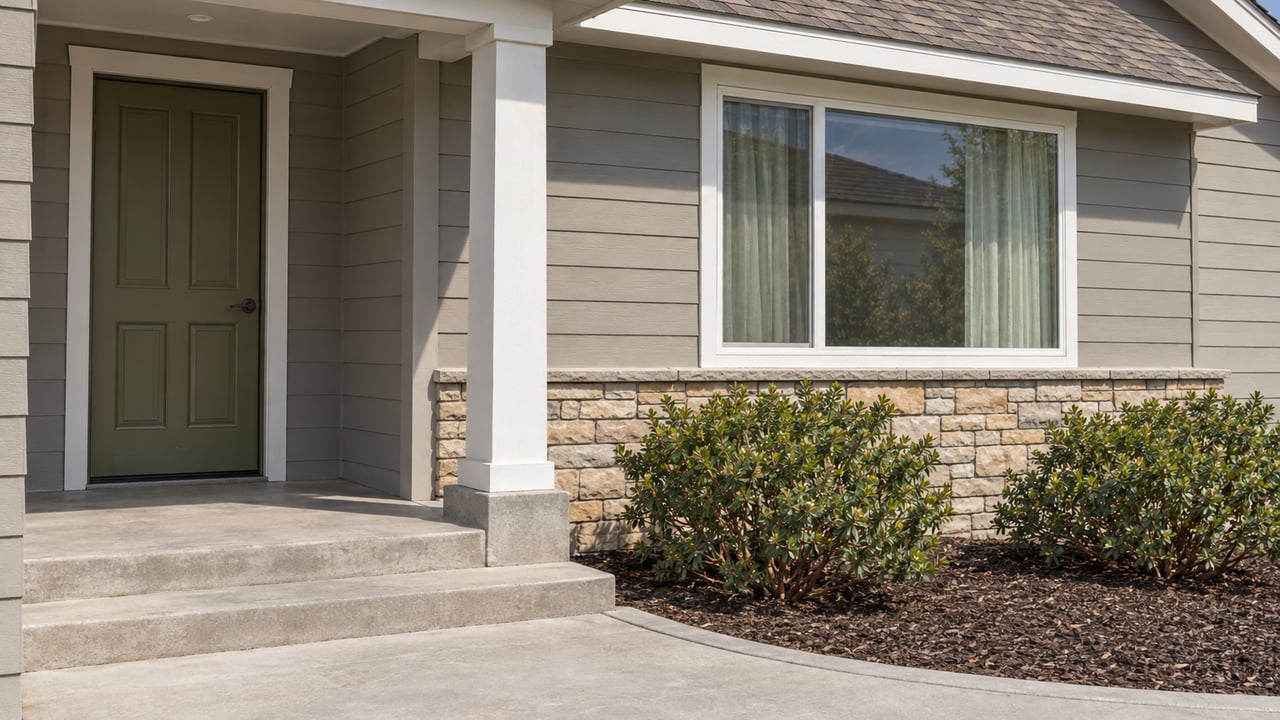 Shaded entry of a single-story home with gray lap siding, an olive door, stone veneer and manzanita beside a curved concrete walk.
