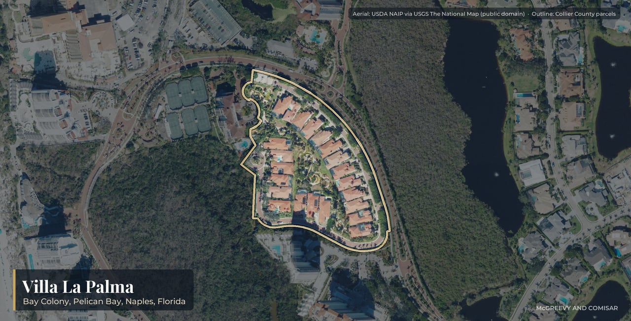 Aerial view of Villa La Palma at Bay Colony, Naples, Florida, with its parcels outlined