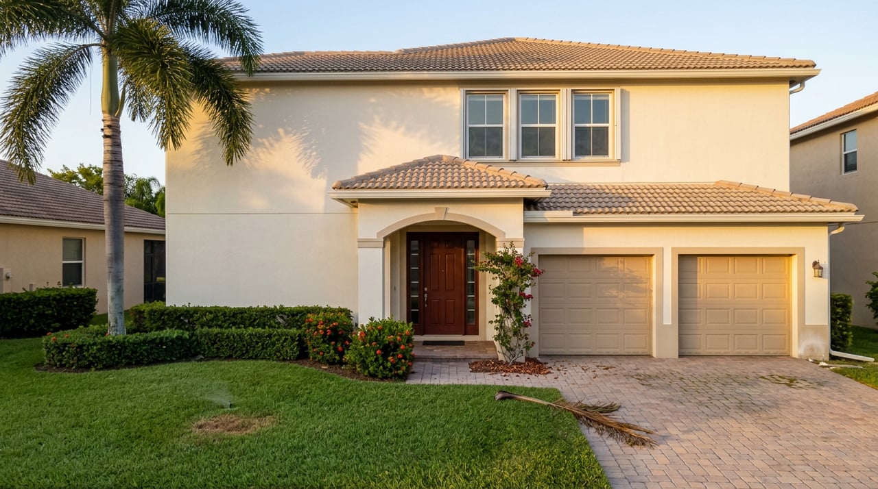 Two-story cream stucco home with terracotta roof, arched entry, paver driveway, broad lawn, and royal palm.