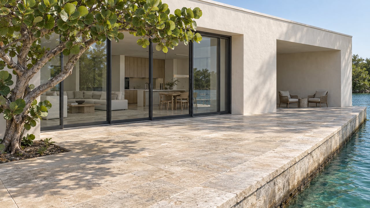 Pale stucco waterfront house with glazed doors, a stone terrace, woven chairs, and a leafy tree beside blue-green water.