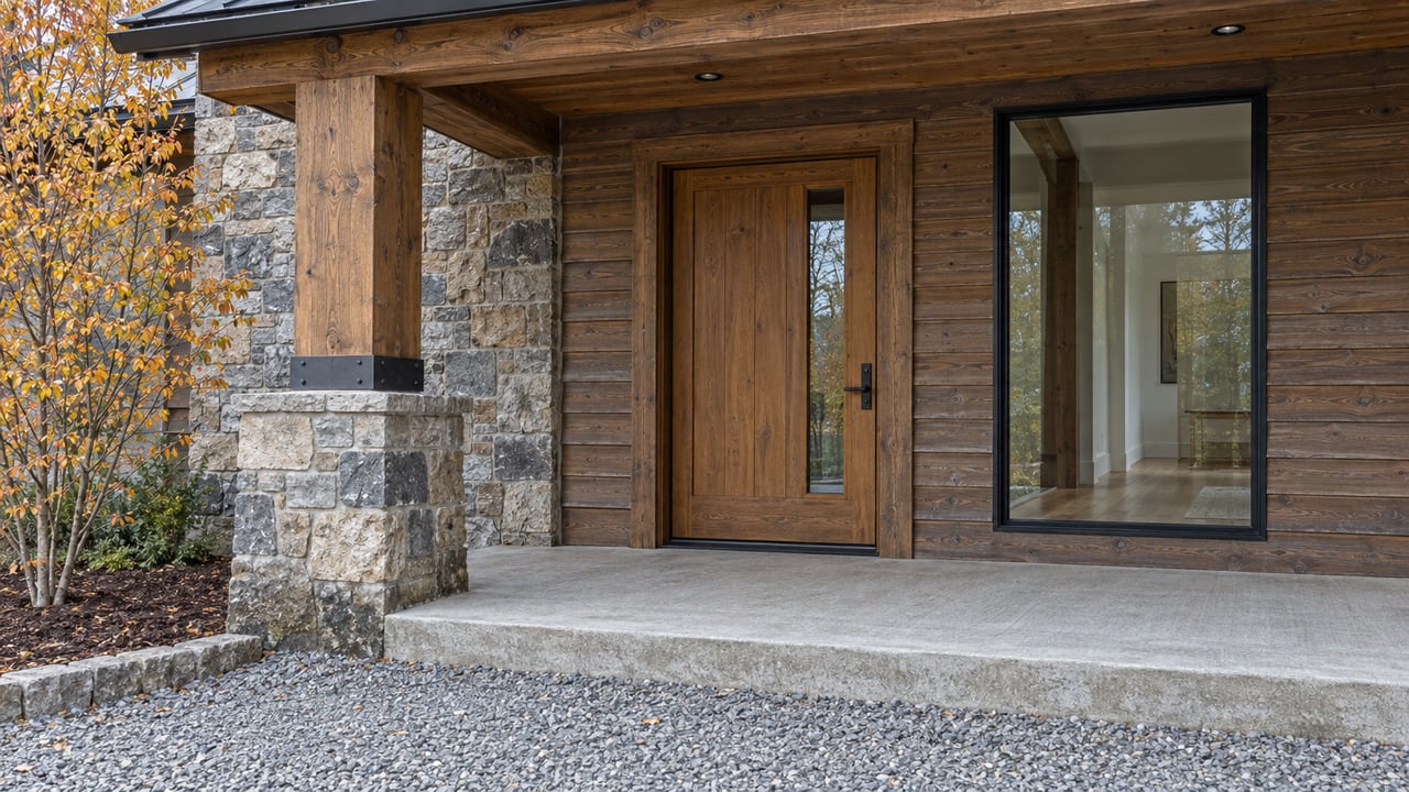 Home entry with a wooden door, stone pillar, and large black-framed window.