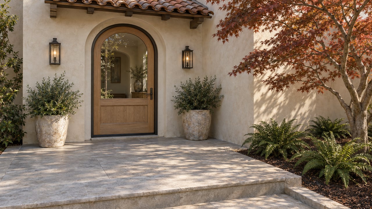 An arched oak-and-glass entry beneath clay tiles, with a limestone landing and autumn Japanese maple beside an ivory stucco wall.