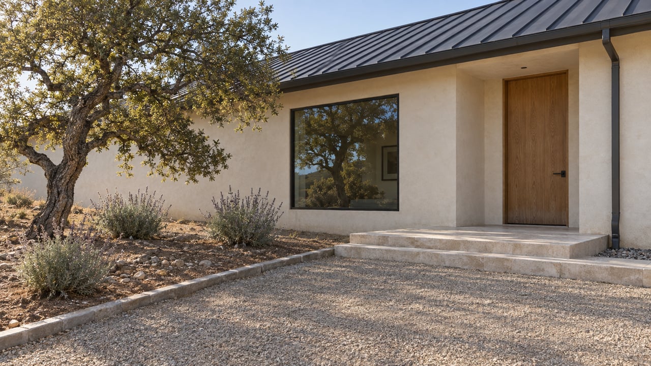 Custom home's plaster entry, charcoal metal roof, oak door and stone steps beside a mature blue oak and dry planting bed.