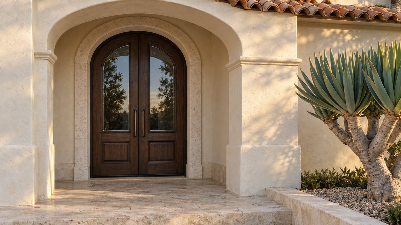 Evening sunlight grazes an ivory stucco entry, an arched walnut door and a limestone landing beside a sculptural fan aloe.