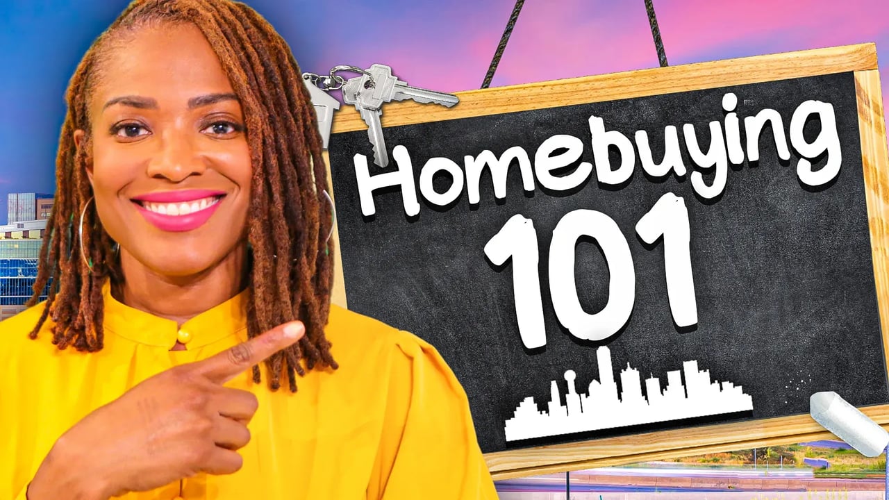 A smiling woman points to a chalkboard reading “Homebuying 101,” with keys hanging above it.