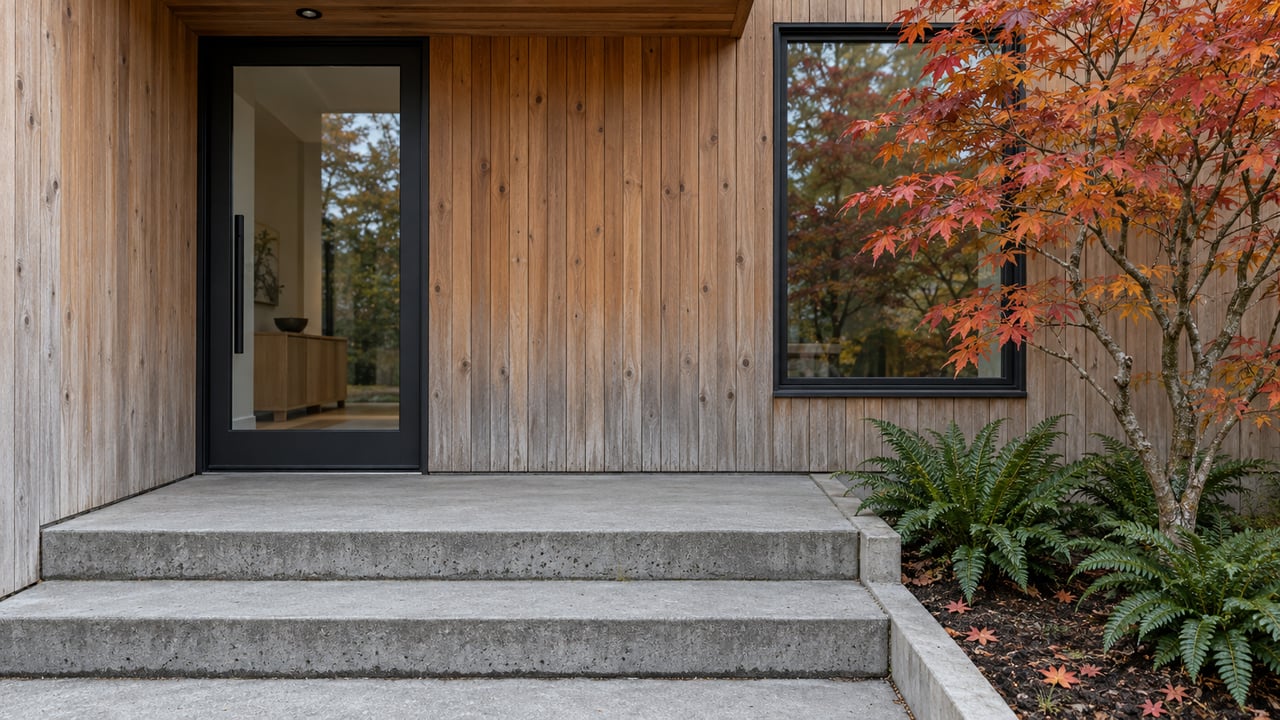 Cedar-clad residential entrance with black-framed glass, concrete steps, and an autumn vine maple beside sword ferns.