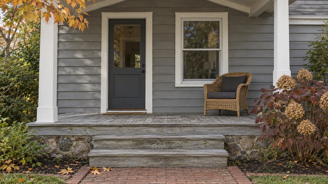 Gray cedar cottage porch with a glazed front door, white trim, weathered wooden steps, and burgundy oakleaf hydrangea foliage.