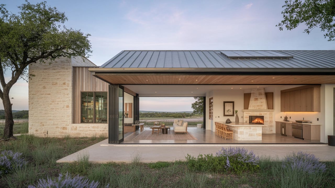Modern stone-and-glass house opens onto a patio, with an indoor fireplace and kitchen overlooking fields.