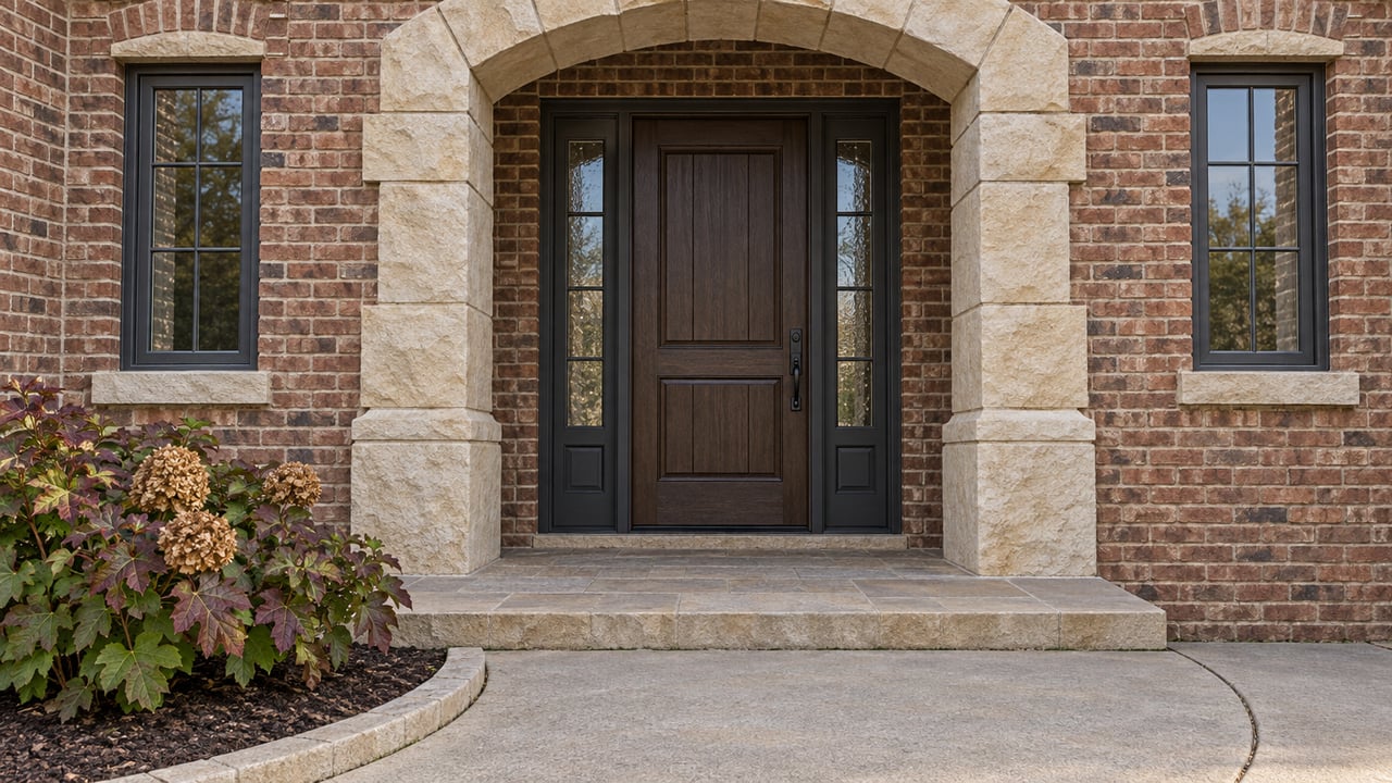 Arched limestone entrance of a warm brick home with a dark oak door, paired windows and an oakleaf hydrangea beside the curved walk.