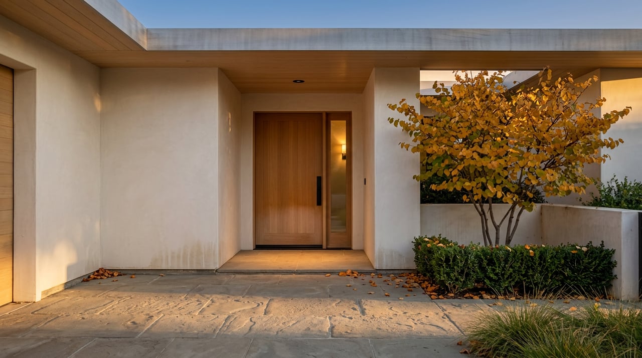 Recessed oak entry door with glowing sidelight, autumn redbud leaves, and stone paving beneath a wood-lined portico.
