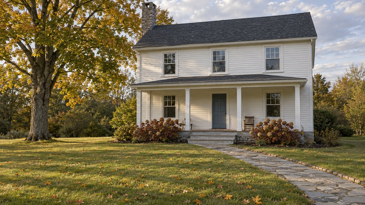 White clapboard farmhouse with a stone chimney, covered porch and flagstone approach across an autumn lawn beside an amber-leaved maple.