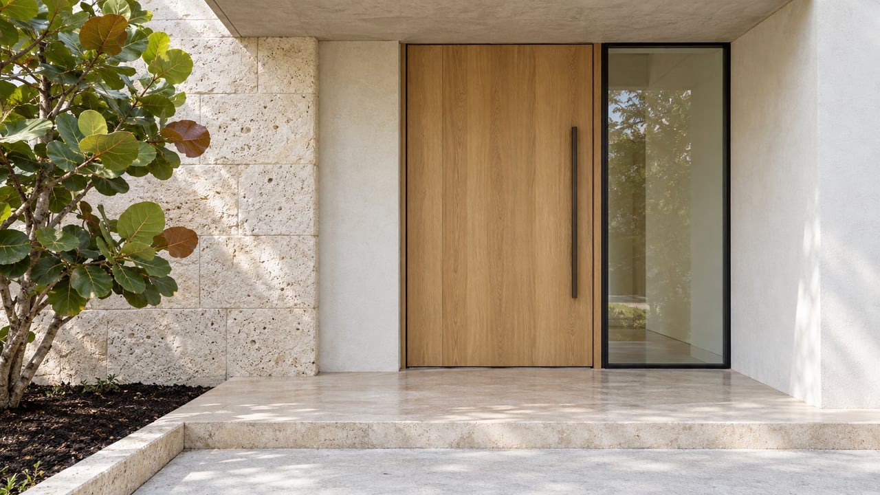 Covered modern home entrance with a pale wood door, slim dark-framed glass, limestone landing and rounded sea-grape leaves.