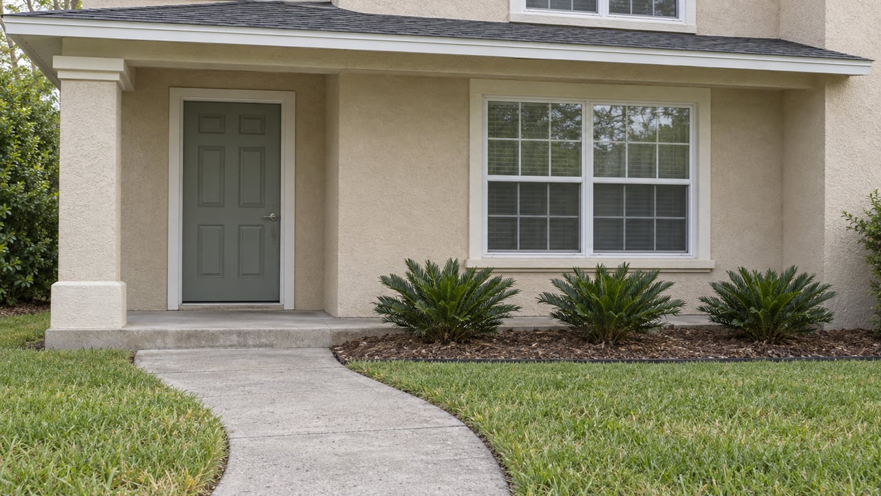 Sand-colored stucco home with a sage front door, white grid windows, concrete approach and three coontie plants beside a green lawn.