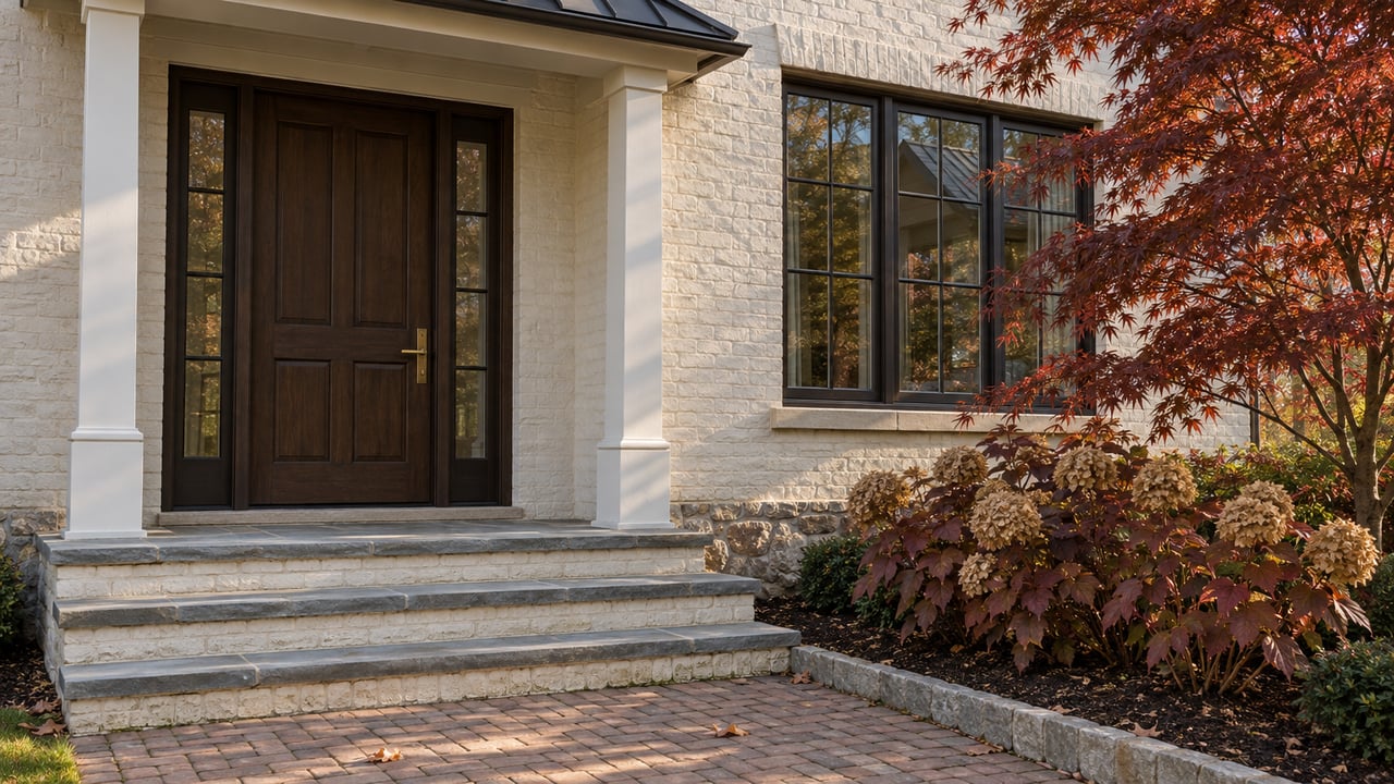 Ivory painted-brick home with a dark oak front door, bluestone entry steps and copper-red Japanese maple beside a curbed planting bed.