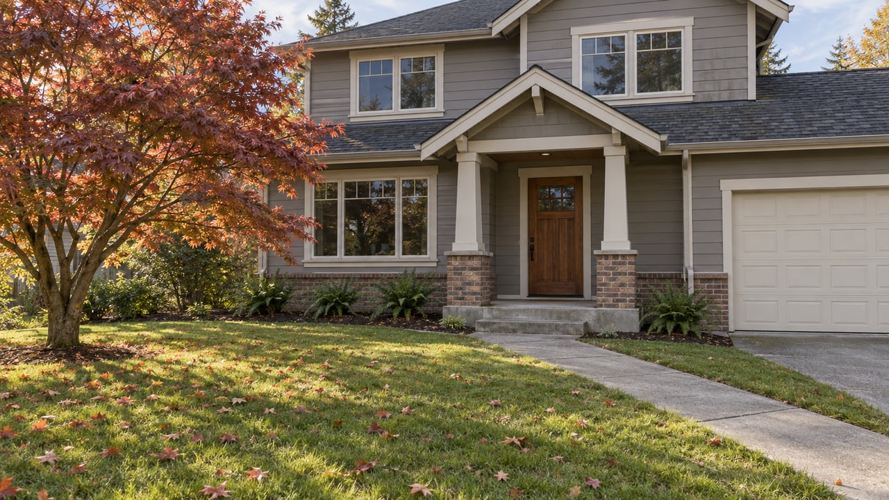 Autumn sunlight on a gray two-story home with a covered porch, broad green lawn and copper-red Japanese maple.