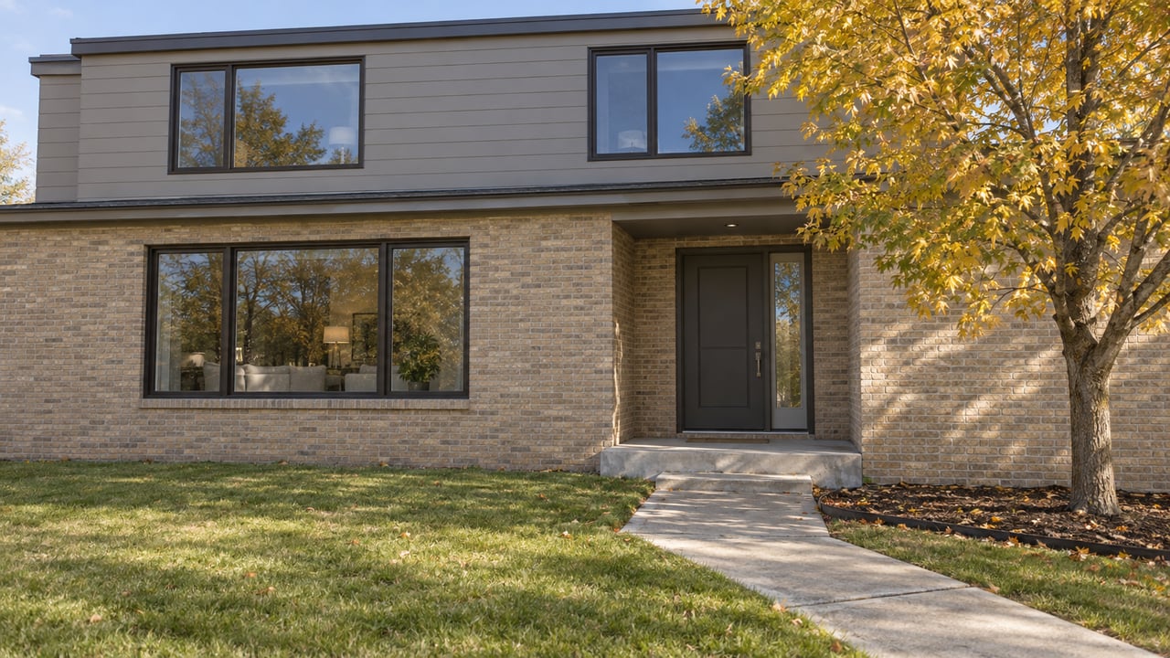 Contemporary two-story home with gray siding, sand-colored brick, an autumn maple and a deep front-lawn approach.