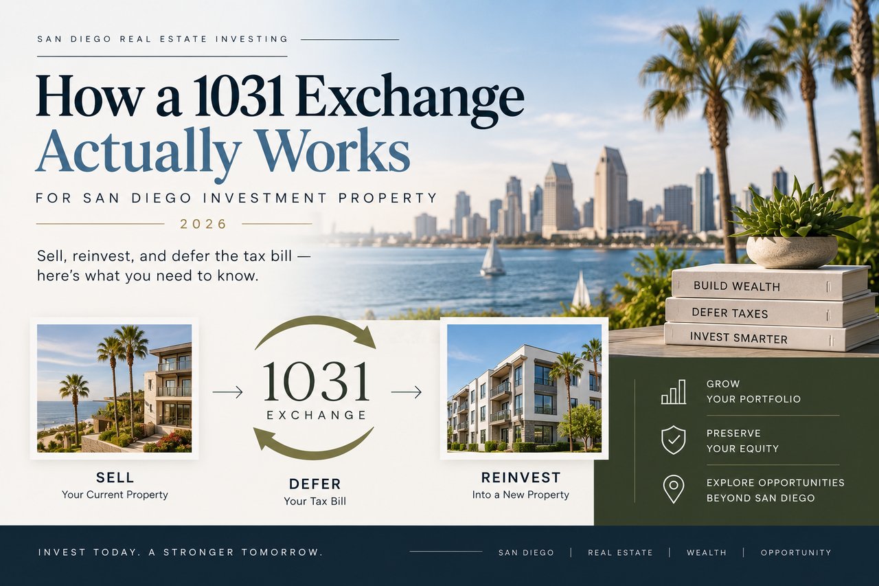 Infographic showing how a 1031 exchange moves from selling a San Diego property to reinvesting in another and deferring taxes.