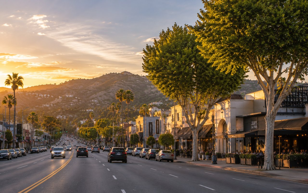 Ventura Boulevard storefronts and trees on the Sherman Oaks and Studio City border