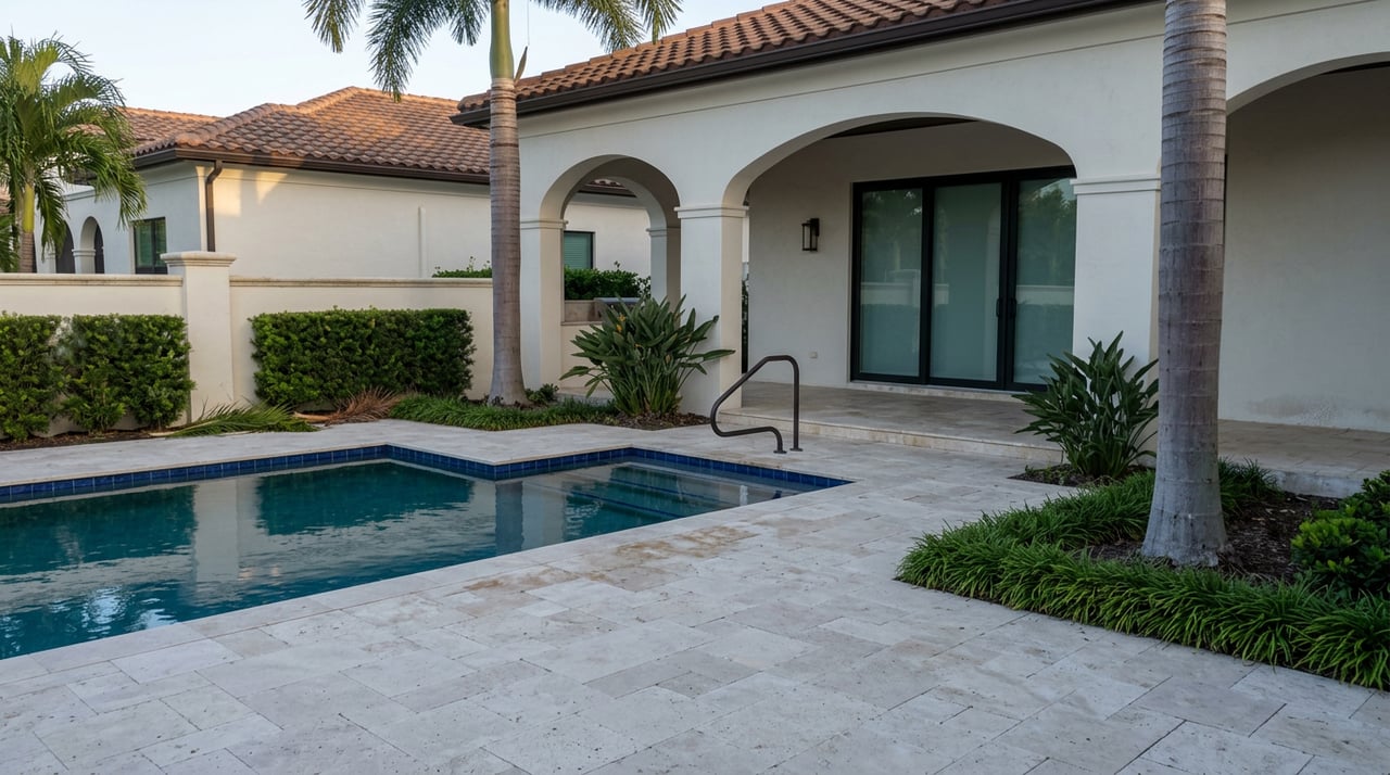 Pool terrace with a cobalt-edged swimming pool, arched white-stucco loggia, royal palms, and terracotta roof.