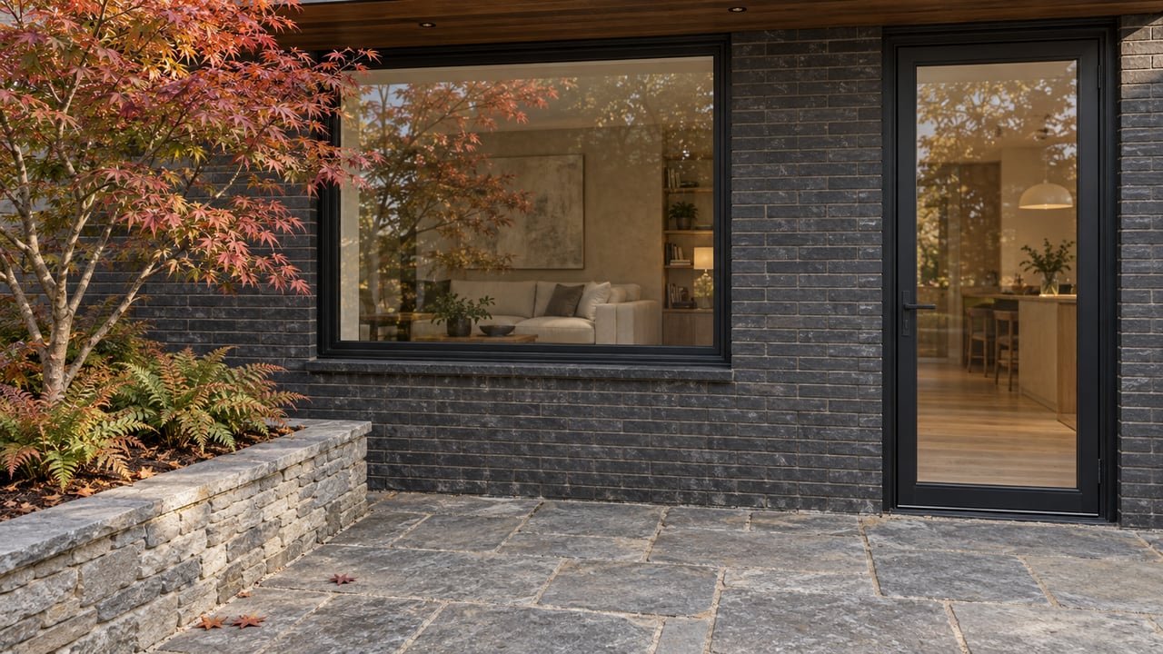 Charcoal brick residence with black-framed glazing, a timber soffit and a stone terrace beside a Japanese maple.