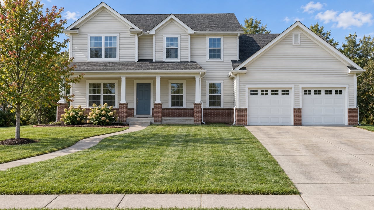 Two-story home with off-white lap siding, brick porch piers, front-facing gables and a two-car garage beyond a broad lawn.