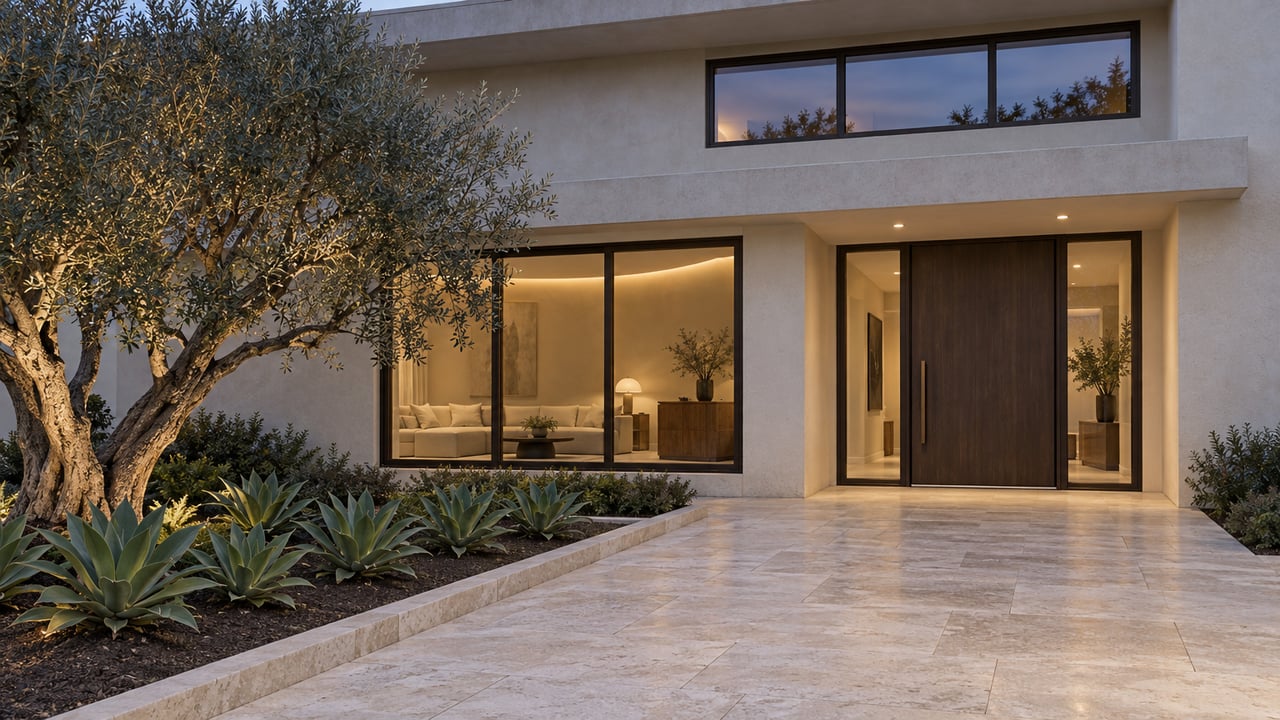 An ivory-stucco luxury home at blue hour, with warm windows, a recessed oak entrance, pale limestone paving, and a sculptural olive tree.