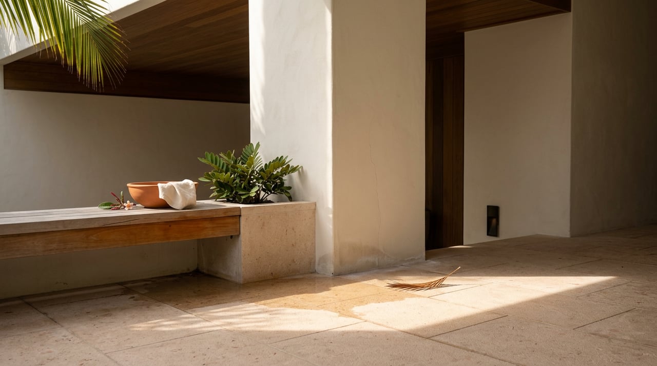 Sunlit loggia corner with a teak bench, terracotta bowl, and clipped Zamia beside a plaster column.