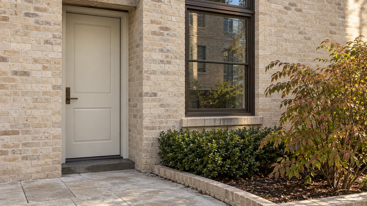 Recessed white townhouse door beside a bronze-framed window, with limestone paving and two shrubs.
