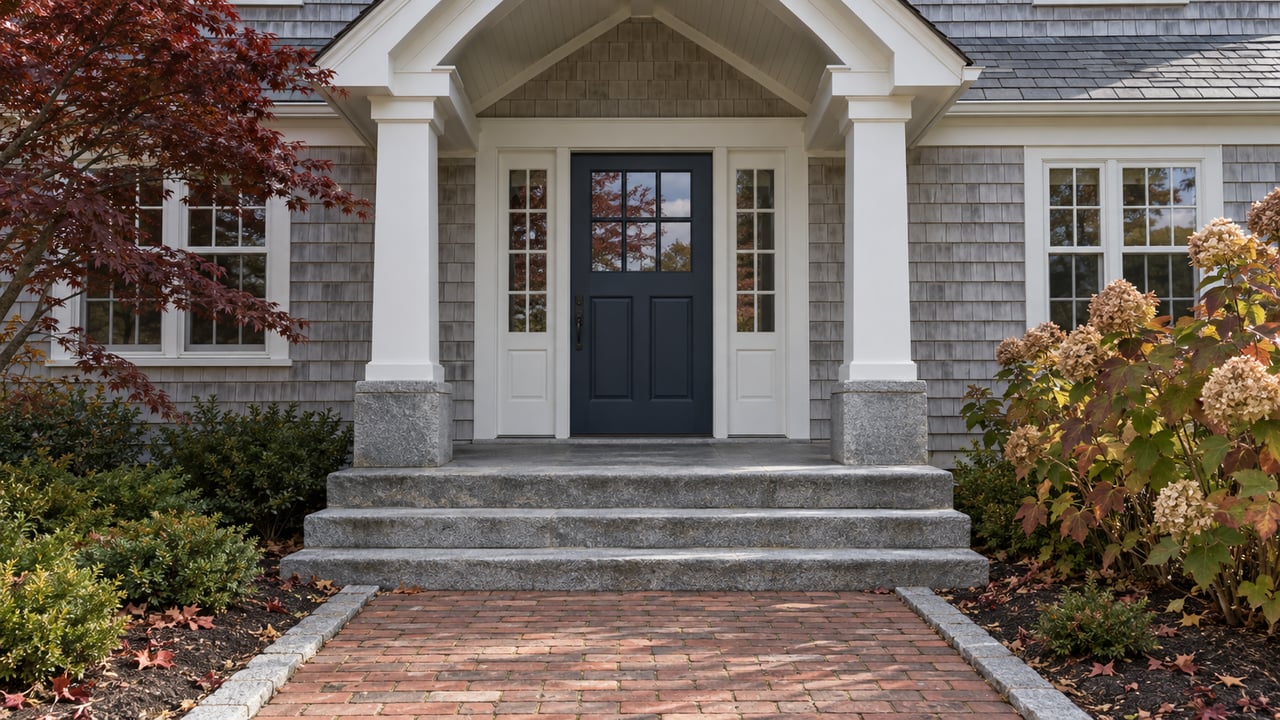 A pale cedar-shingled home with a gabled porch, navy front door, granite steps, and brick walk beside autumn planting.