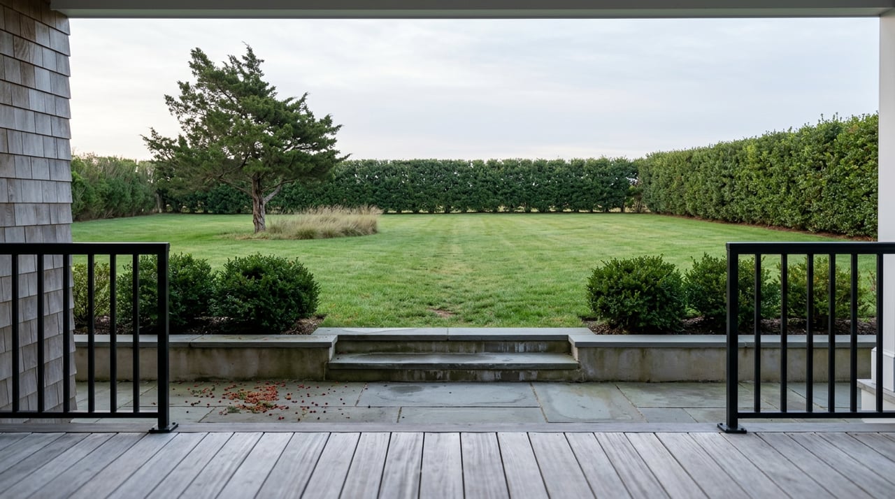 Raised teak porch overlooks a broad lawn, with a wind-shaped cedar and clipped holly hedge.