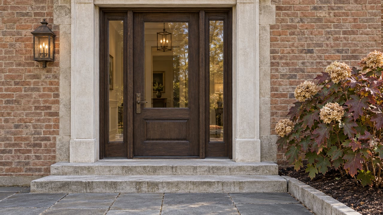 Weathered limestone and russet brick surround an oak-and-glass entrance above bluestone paving, beside autumn oakleaf hydrangea.