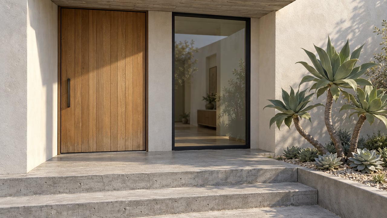 Sunlit contemporary residential entry with an oak door, black-framed window, concrete steps and sculptural succulents.