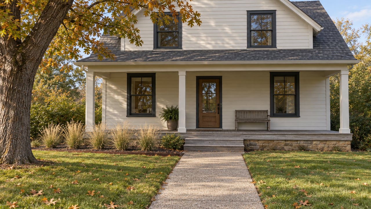 Cream lap-sided gabled home with a covered wooden porch, deep front lawn and an oak turning gold in autumn.