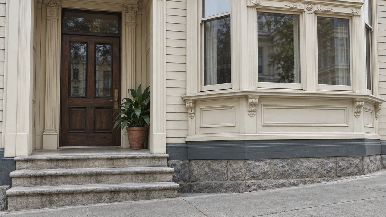Cream-painted residential bay windows beside a recessed oak entrance, with worn stone steps and a terracotta pot on the landing.