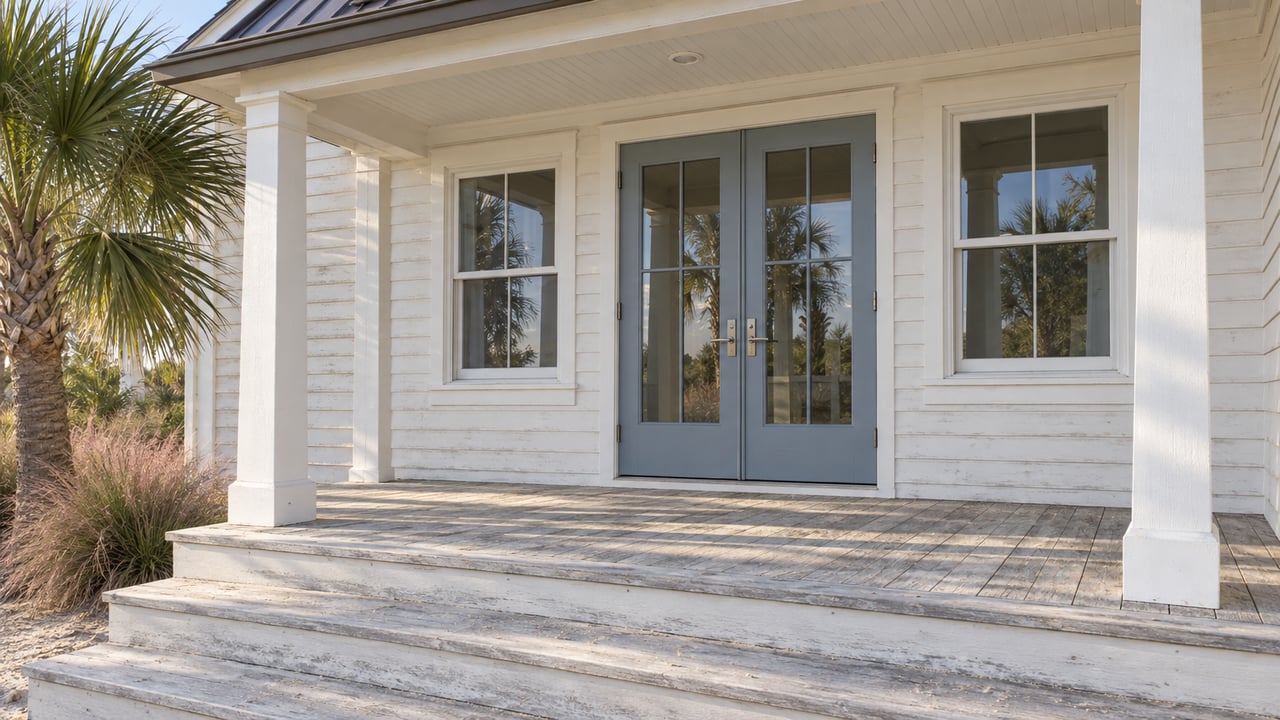Raised coastal cottage porch with gray-blue glass doors, white clapboard siding, and weathered timber decking.