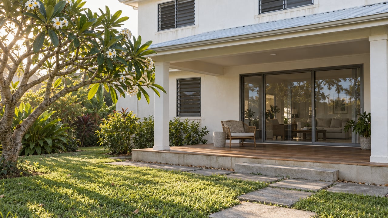 Warm-white stucco home with a covered lanai, timber deck, woven chair, and plumeria tree beside the lawn.