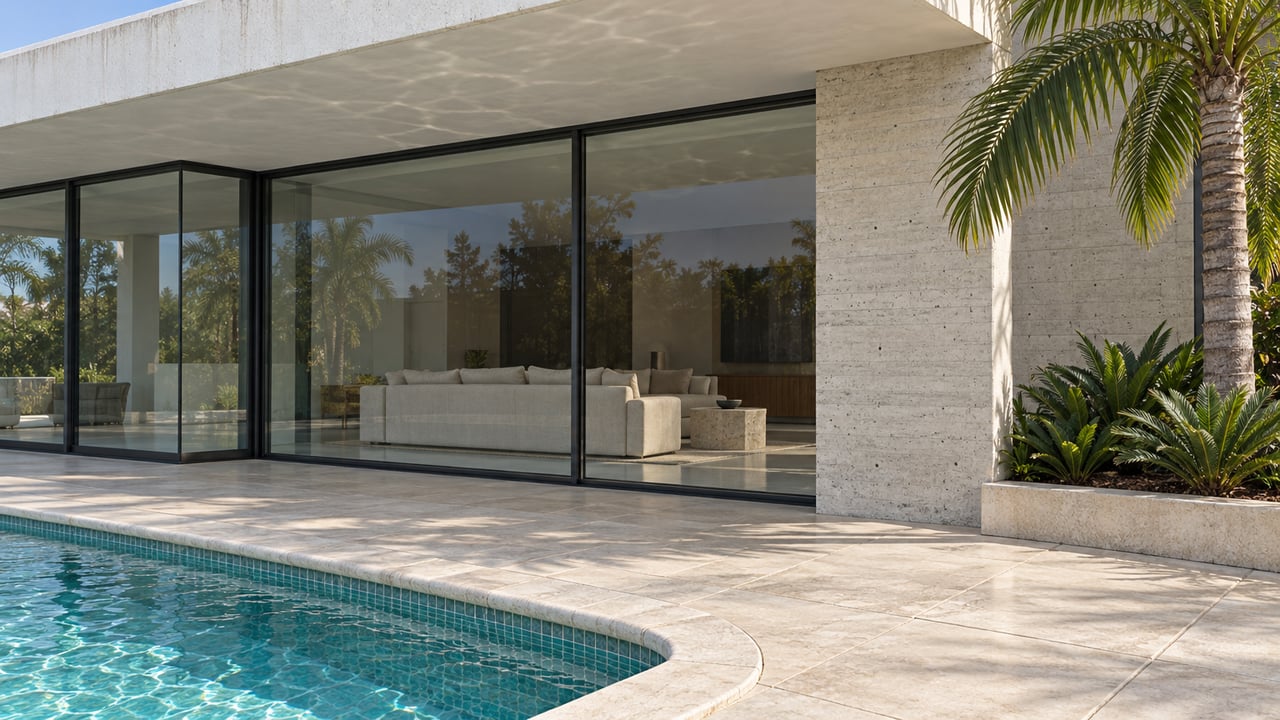 Sunlit limestone pool terrace beside enclosed floor-to-ceiling glass, a deep white overhang and a sculptural palm.