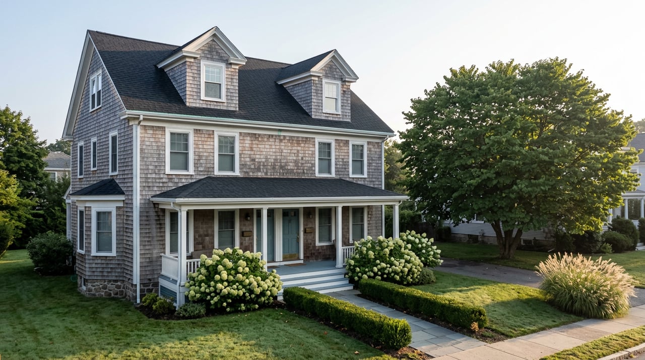 Weathered gray shingle-style two-family home with twin dormers, paired teal doors, and a katsura tree beside the lawn.