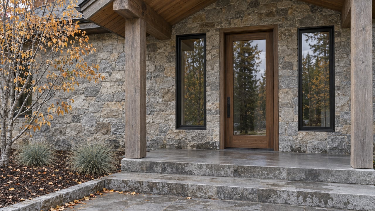 Stone-clad home entry with a glazed timber door, broad steps, and sparse copper-yellow autumn leaves.