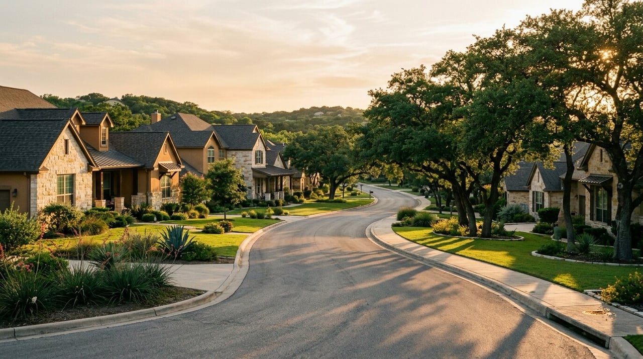 Two-story limestone and stucco homes on a tree-lined Hill Country street north of Austin, illustrating Leander home prices