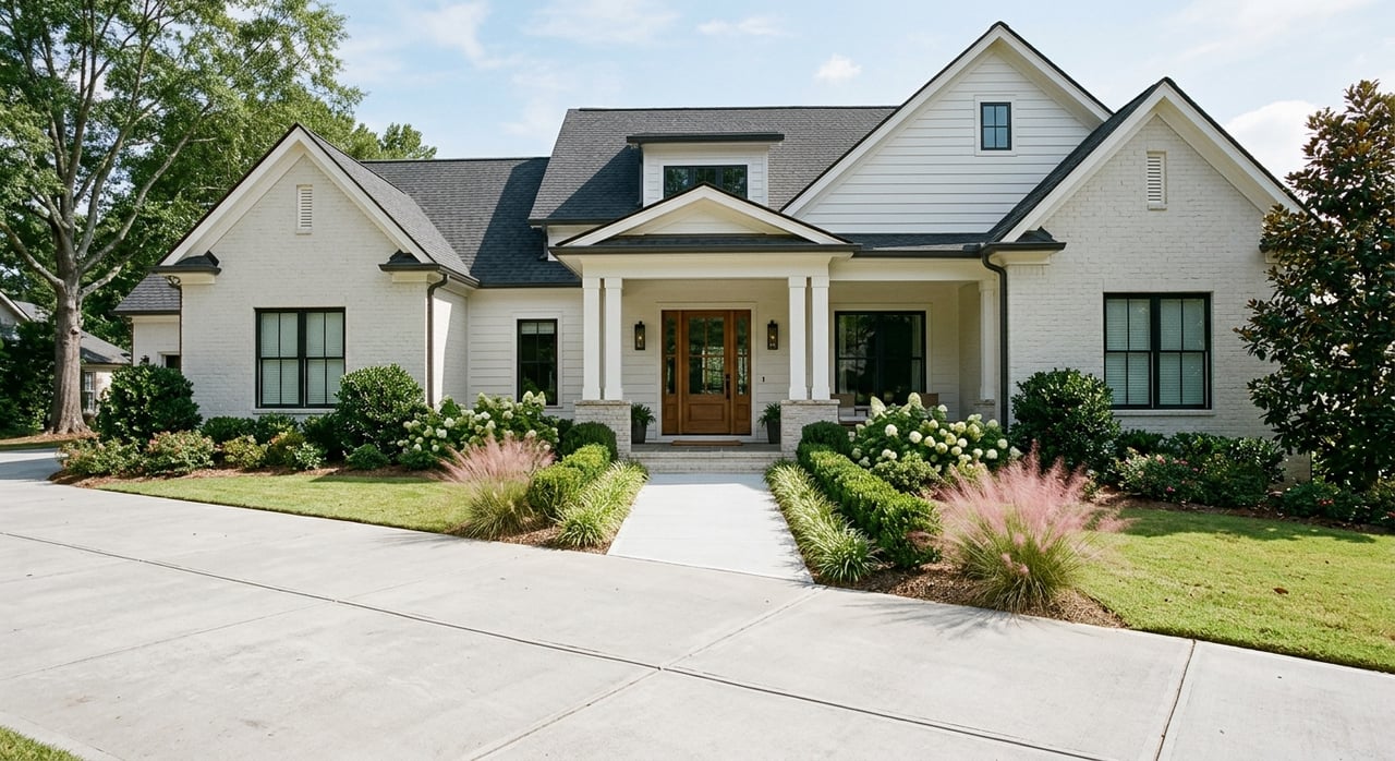 Suburban house with a two-car garage, recessed wood front door, concrete driveway, and landscaped walkway.